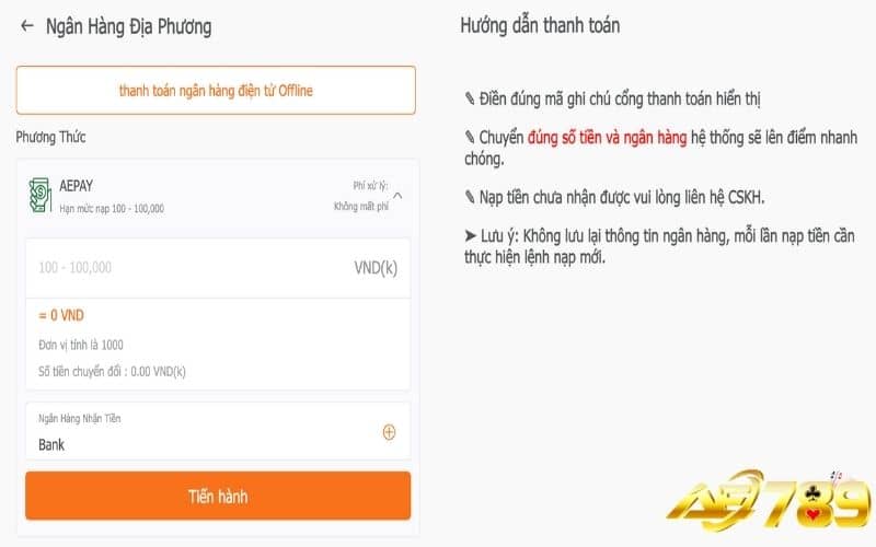 Nạp tiền AE789 qua phương thức ngân hàng