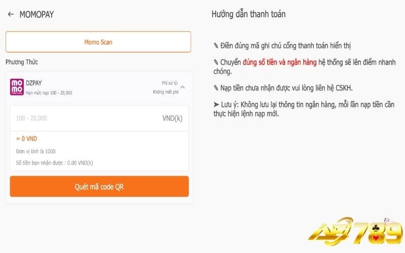 Nạp tiền qua ví điện tử momopay